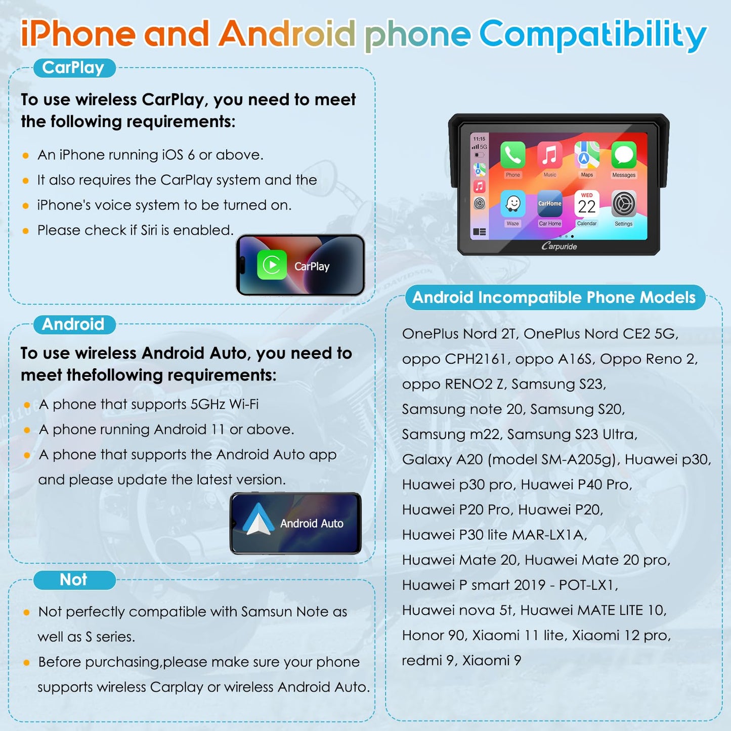 Carpuride W502PRO for Motorcycle CarPlay& Android Auto& Dual Bluetooth - 5" Waterproof GPS Navigation Screen for Motorbike, Music Sharing, Intercom, EQ, Light Sensor, Compass, Barometer