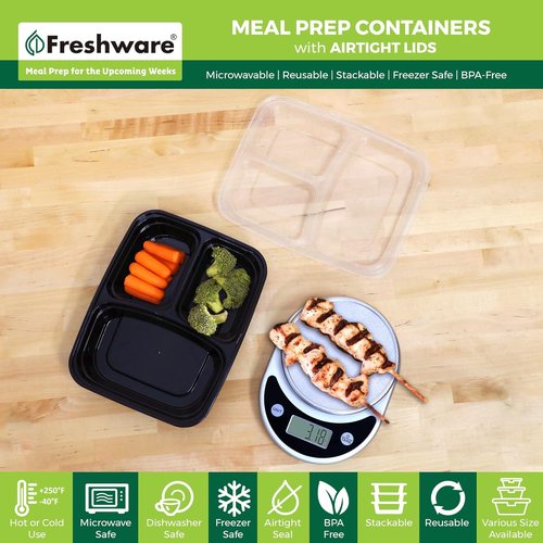 Freshware Meal Prep Containers - 21 Pack | 3 Compartment Bento Box, BPA Free, Microwave & Dishwasher Safe (24 oz)