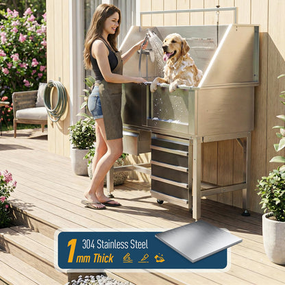 46" Heavy Duty Dog Washing Station - 304 Stainless Steel Pet Bathing Tub with Right Side Ramp, Elevated Grooming Sink with Storage Drawer & Removable Floor Grate, Outdoor Ready for Large & Medium Dogs