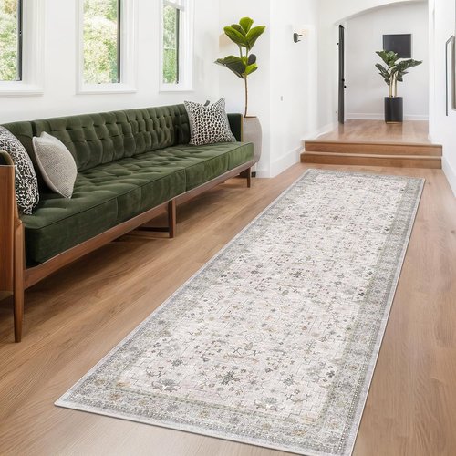 Hazo Haus Floral Hallway Runner - Light Gray & Taupe, Washable Non-Slip Rug for Kitchen & Bathroom
