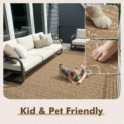 MontVoo-Outdoor Rug-Patio Rug 8x10 Polypropylene Indoor Outdoor Rug Outdoor Carpet for Patio Deck Balcony Porch, Textured Weave, Durable for High Traffic, Fade-Resistant, Boho Farmhouse Neutral Brown