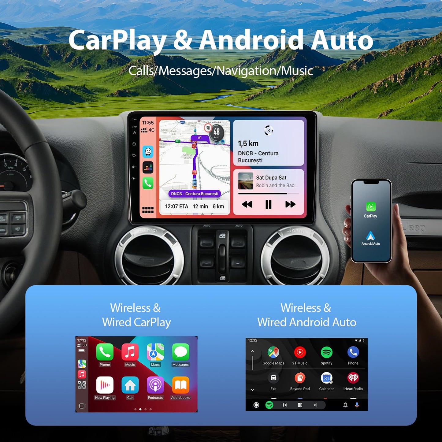 64G Car Radio for Jeep Wrangler JK 2007-2018/Compass/Grand Cherokee, 10.2" Touch Screen Plug and Play Android 13 Head Unit with Carplay/Android Auto/1080P Backup Camera/AM & FM