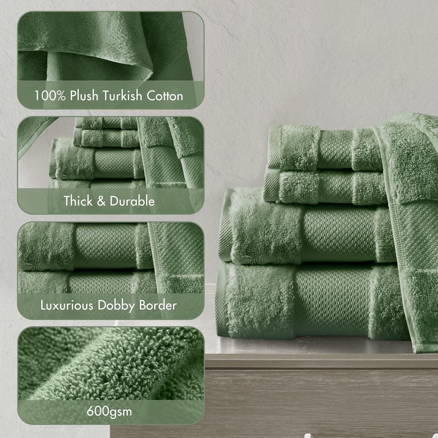 Madison Park Turkish Bath Towels Set - 6-Piece Luxury 100% Cotton, Highly Absorbent & Quick Dry - Green