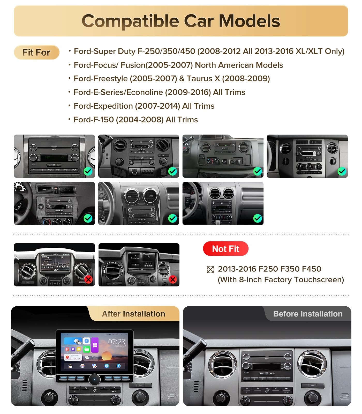 4G RAM+64G ROM Car Stereo for Ford F150 (2004-2008) F250 F350 (2008-2016) Super Duty-Radio Upgrade with Wireless CarPlay Android Auto, Android 13 QLED Touch Screen with Physical Volume Knob Keybutton
