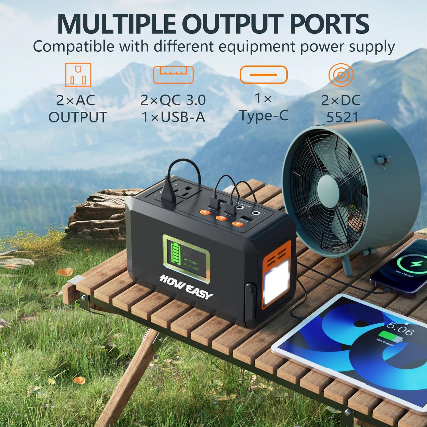 HOWEASY Portable Power Station,120W(240W Peak) Solar Generator,88Wh Lithium Battery Power with 110V AC Outlet/DC/USB/LED Light for Outdoor Camping Trip Hunting Emergency(Solar Panel Optional)
