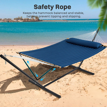 SUPERJARE Hammock with Stand, 2 Person Quilted Outdoor Hammock, Detachable Pillow & Bamboo Spreaders, Portable Hammock with Carrying Bag, Heavy Duty Stand, Perfect for Outside, Patio, Navy Blue