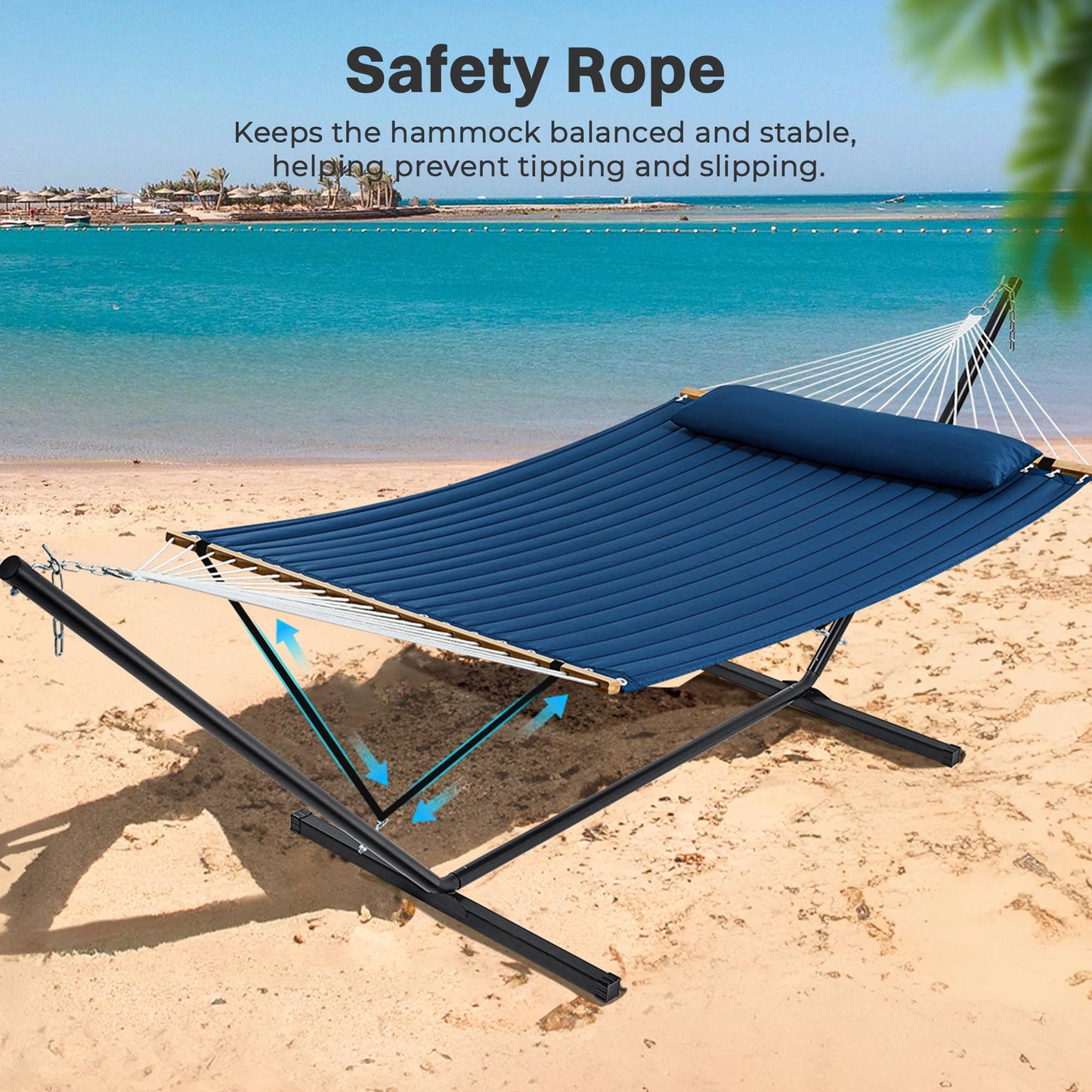 SUPERJARE Hammock with Stand, 2 Person Quilted Outdoor Hammock, Detachable Pillow & Bamboo Spreaders, Portable Hammock with Carrying Bag, Heavy Duty Stand, Perfect for Outside, Patio, Navy Blue