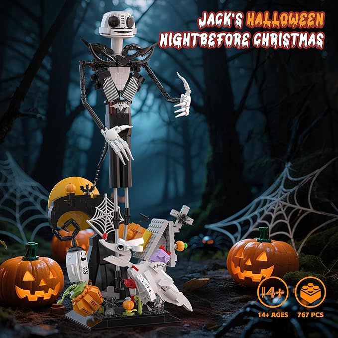 Xbert Skeleton Halloween Toy Building Set Nightmare Before Christmas Halloween Decor PumpkinCrucifix Cobweb Ghost Dog Jack Skellington Haunted Horror Building Blocks Sets Halloween 2025