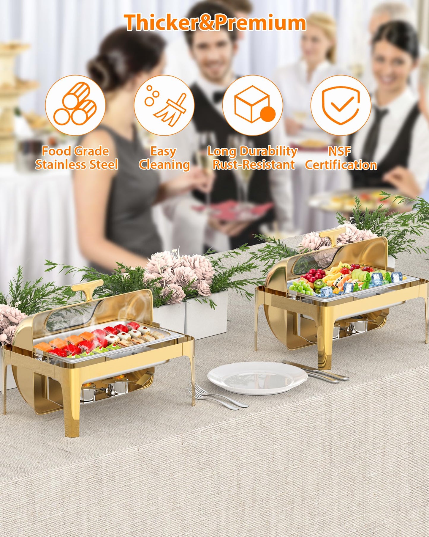GarveeHome Roll Top Chafing Dish for Buffet, 9QT Retangle Stainless Steel Food Warmer Server with Visible Lid Water Pan Stand Fuel Holder Clip,for Parties, Birthday, Hotels and Weddings, Gold