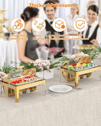 GarveeHome Roll Top Chafing Dish for Buffet, 9QT Retangle Stainless Steel Food Warmer Server with Visible Lid Water Pan Stand Fuel Holder Clip,for Parties, Birthday, Hotels and Weddings, Gold