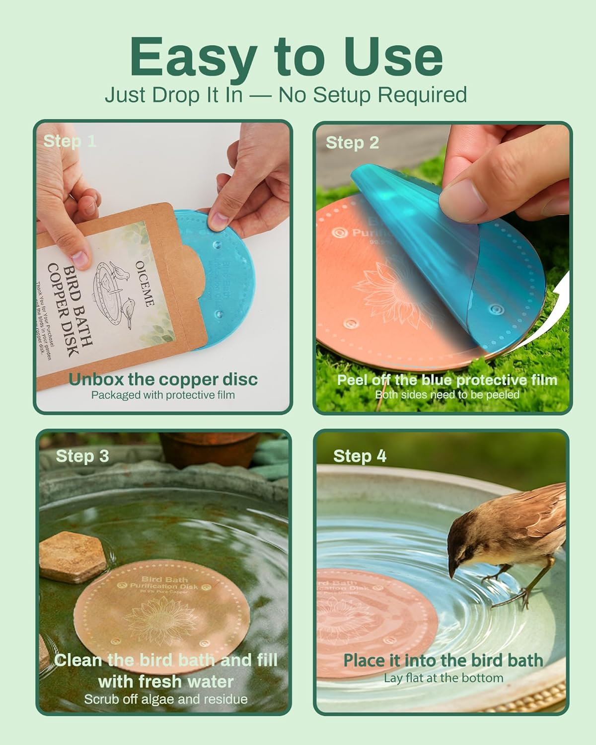 Skiennix Bird Bath Purification Disk - Pure Copper Solar Power Fountain for Hummingbirds & Bees