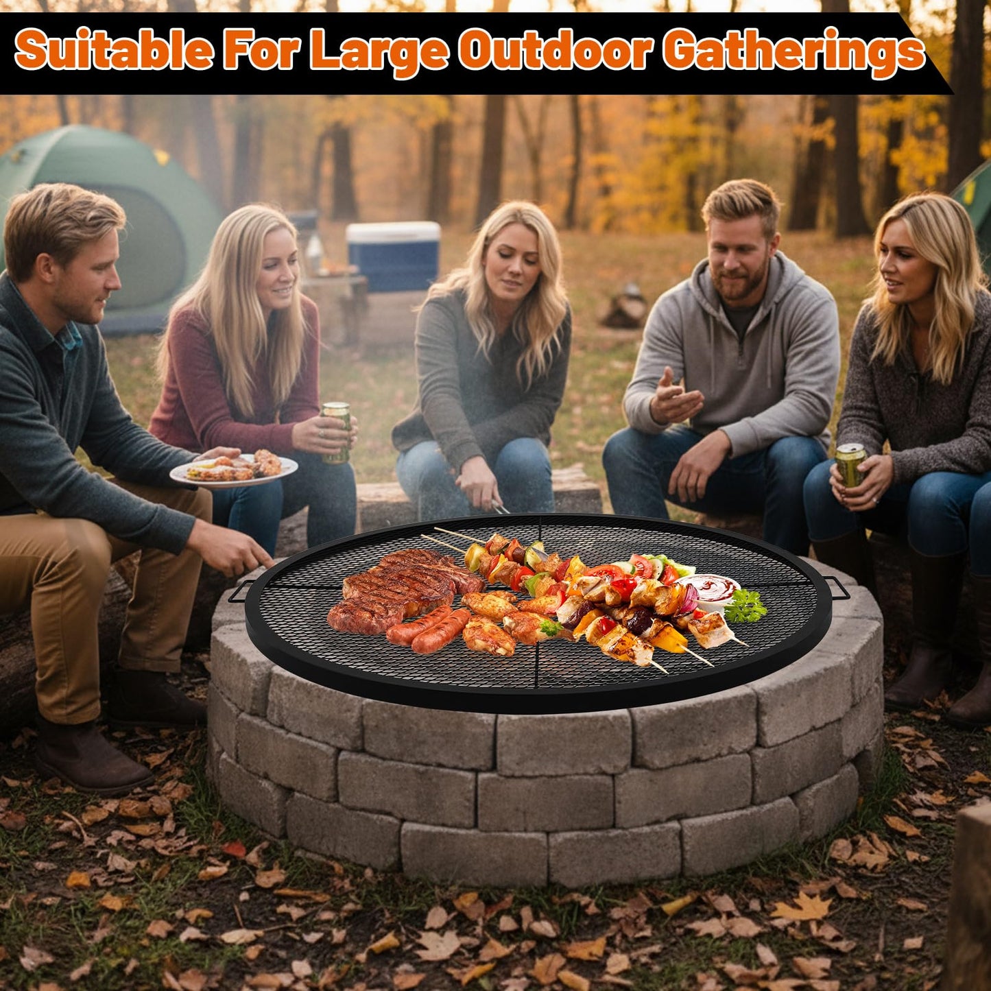 Ferrochef 40 Inch Fire Pit Grill Grate Fire Pit Cooking Grate Heavy Duty Steel Campfire BBQ Grill Grid with Handles for Outdoor Camping Cooking (Infoldable Round)