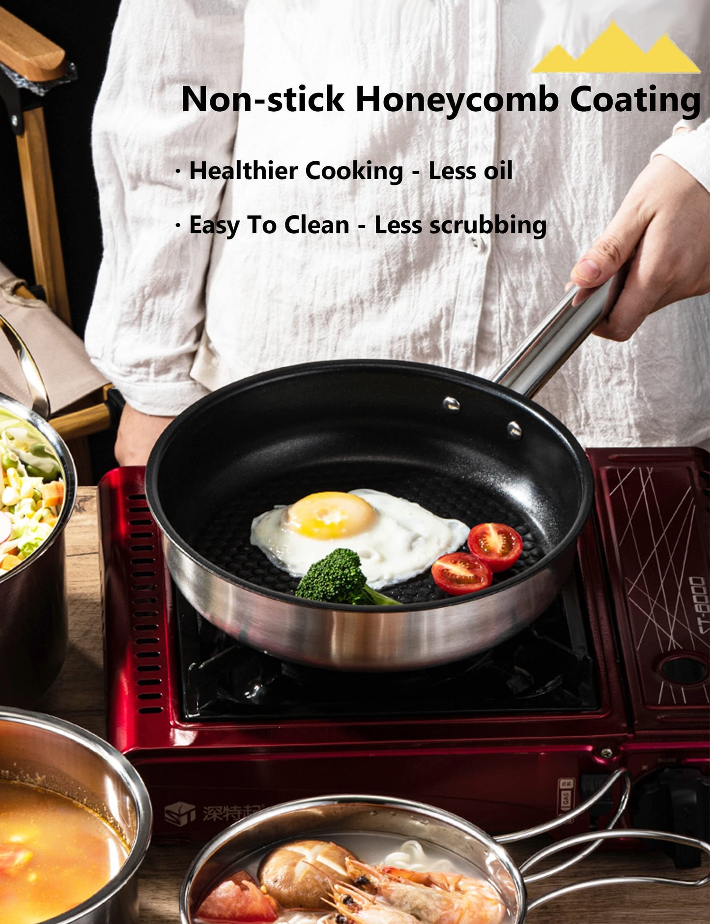 CretFine EssentialKit Camping Cookware Set Stainless Steel Pots and Pan with Detachable Handle and Oxford Cloth Bag for 4-8, Perfect for Openfire Camp Kitchen, Picnic, BBQ, Traveling, Emergency