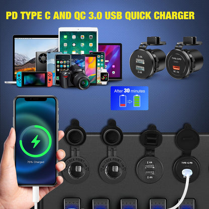 Nilight 12V/24V Camping Electrical System Centre Battery Power Control Box Fuse Block Switches Cigar Socket Voltmeter USB Charger Anderson Connector Ideal for RV Car Canopy Caravan Camper Trailer Van