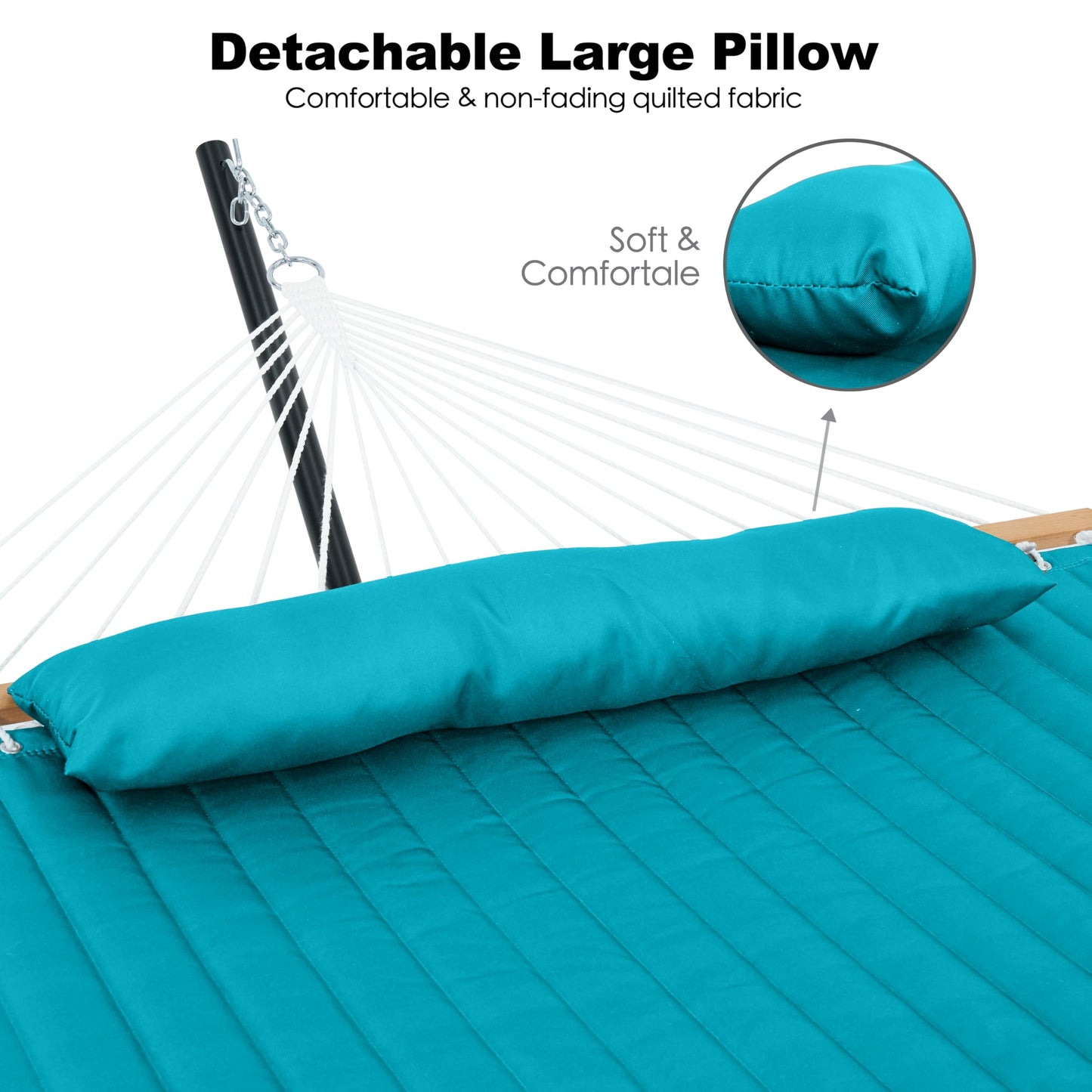 GAFETE Hammock 2 Person Quilted Fabric Hammocks for Outside, Double 12ft Hammocks with Spreader Bar, Large Removable Pillow, Storage Bag, Carabiners, Max 475 lbs Capacity (Canyon Creek Aqua)