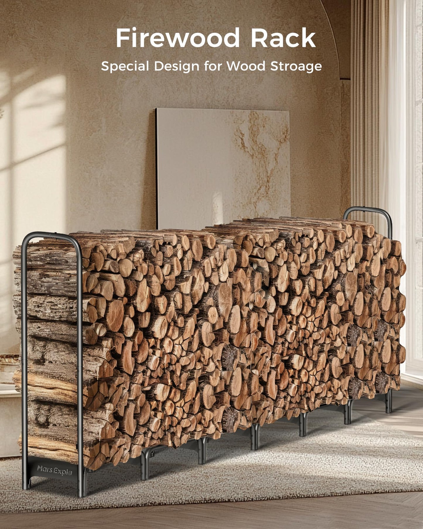 Mars Explo 12ft Firewood Log Rack with Cover Outdoor, Heavy Duty Indoor Outdoor Firewood Storage Log Rack with Cover Combo Set Black