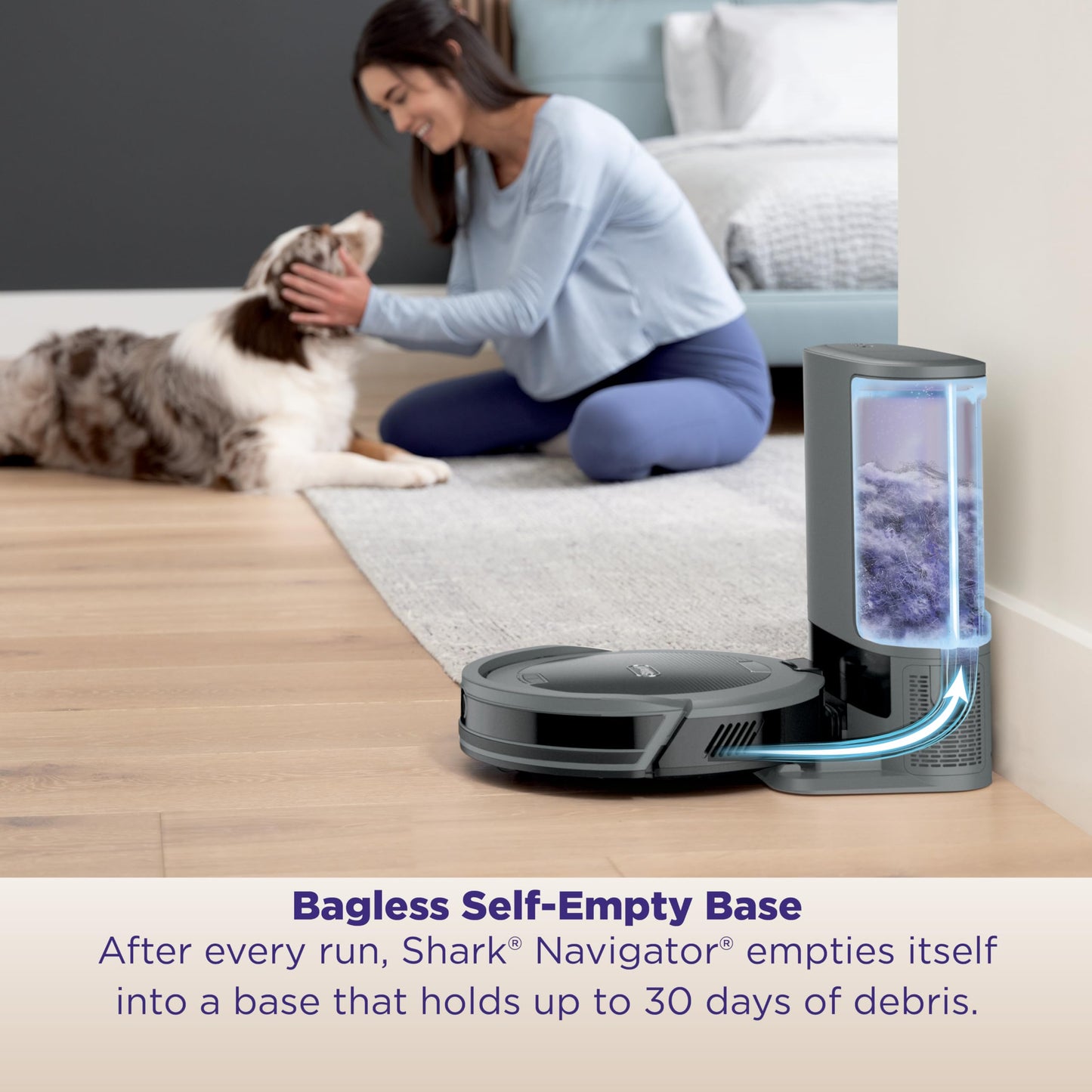Shark Navigator Robot Vacuum with Bagless 30-Day Capacity Self-Empty Base, Powerful Suction, SmartPath Navigation, Self-Cleaning Brushroll, for Carpets & Hard Floors, White, AV2110S