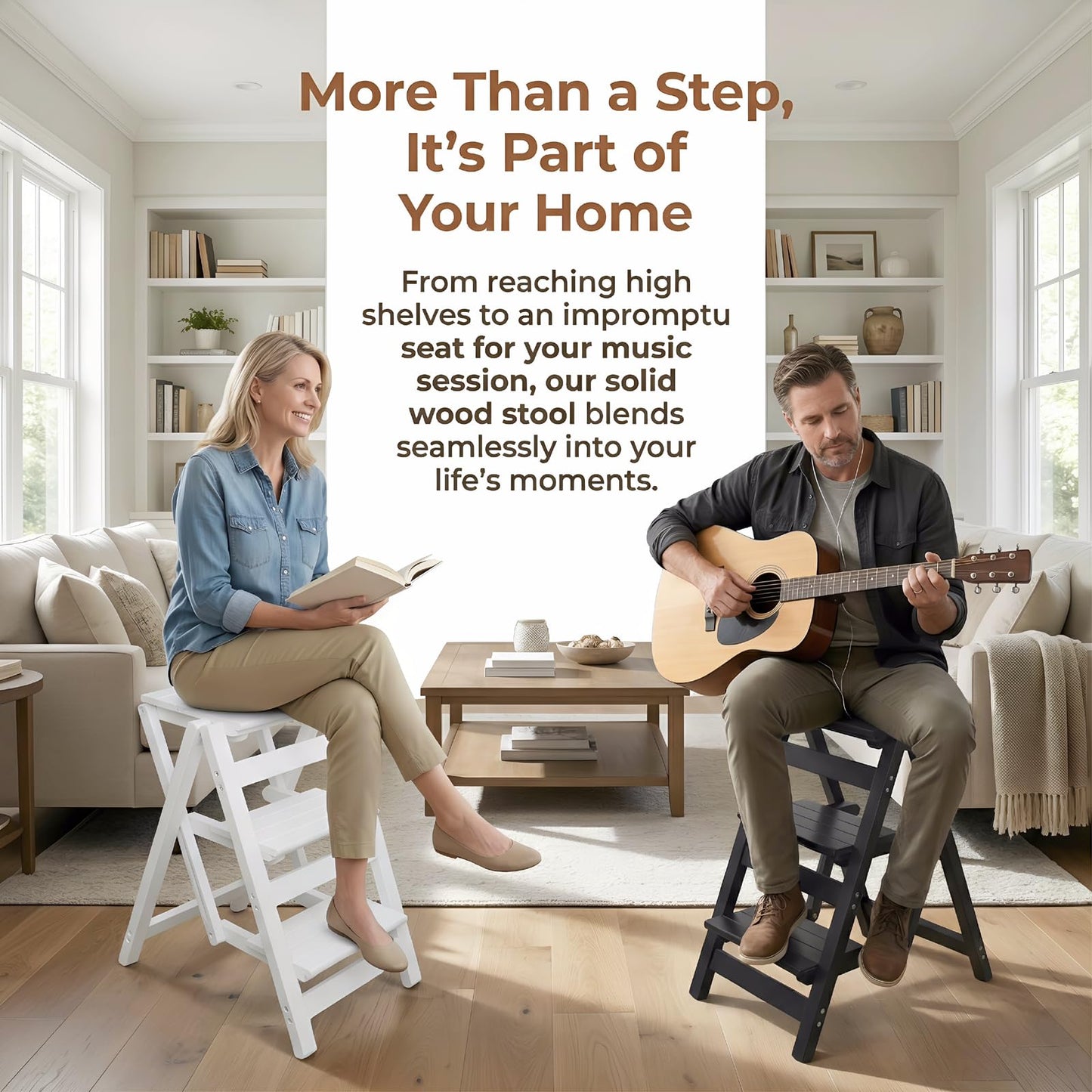 Step Stool for Adults/Step Ladder/Counter Chair, 3-Step Folding Portable Wooden Step Stool, Anti-Slip & Lightweight (White)
