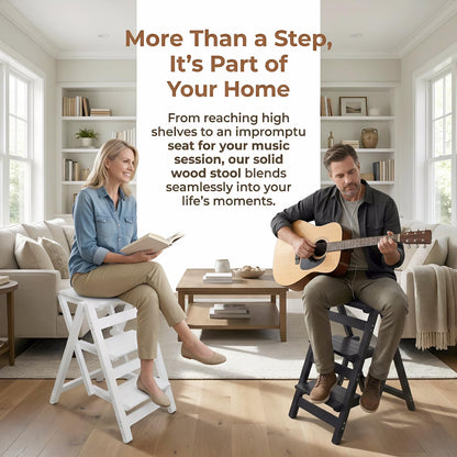 Step Stool for Adults/Step Ladder/Counter Chair, 3-Step Folding Portable Wooden Step Stool, Anti-Slip & Lightweight (White)