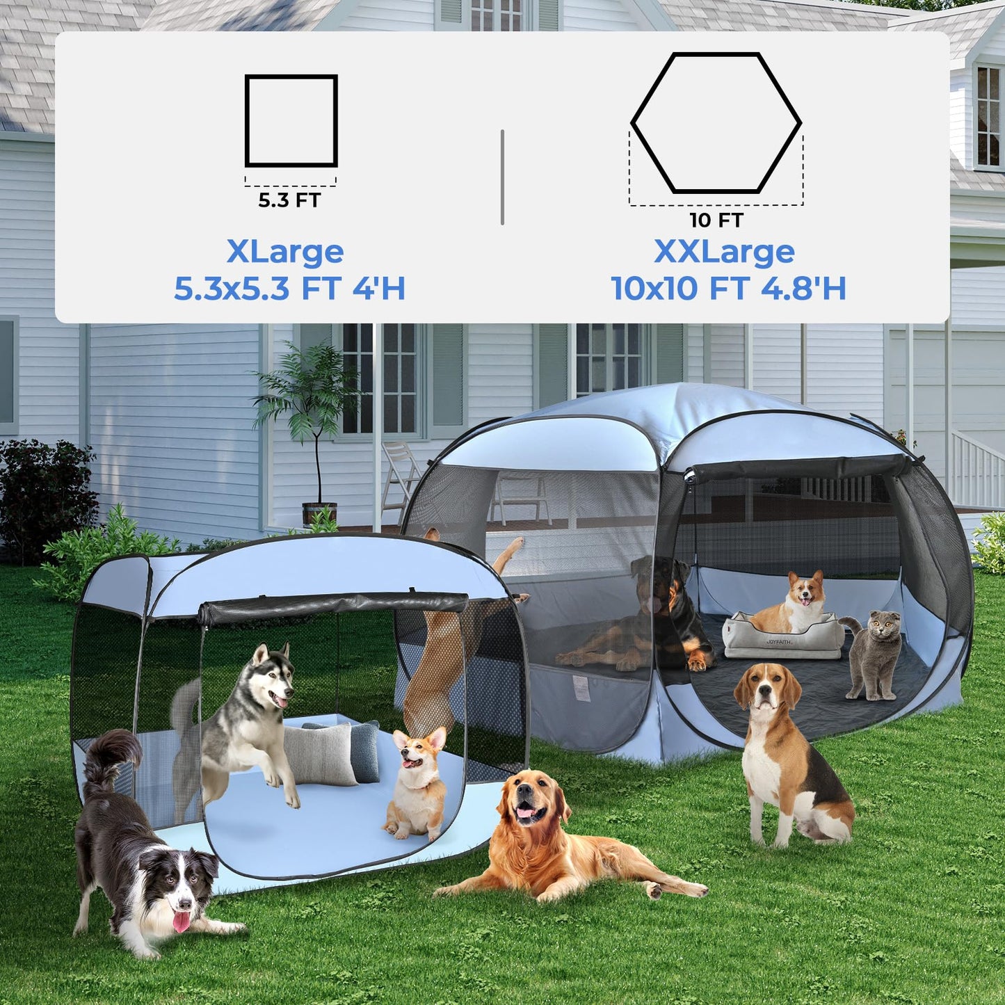 EighteenTek XLarge Popup Portable Dog Houses, 5.3'x4'H Assembly-Free Gazebo-Style Dog Cot Cat Playpen Screen Pet Tent Sun Shade Shelter Dog Bed with Canopy for Outdoor, Anti-Bugs with Leakproof Bottom