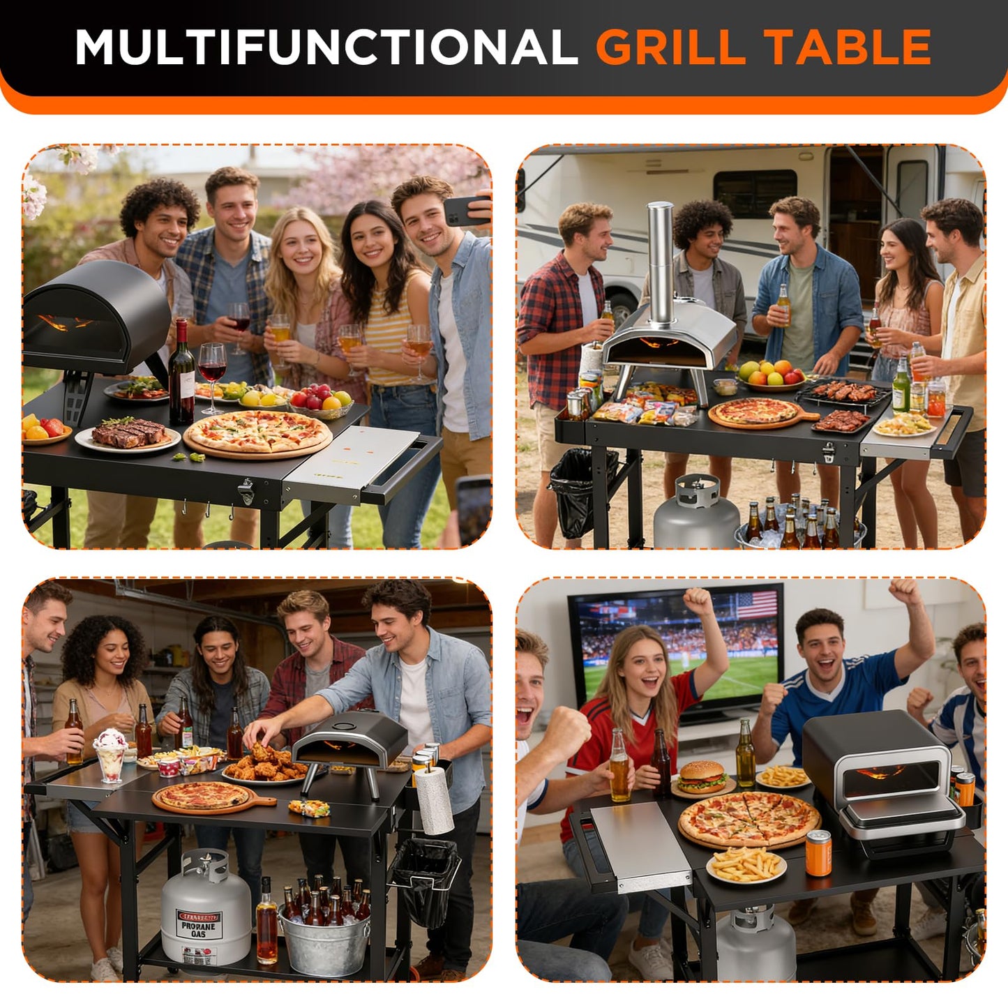EUTRKei Pizza Oven Table with Topping Station - 45" x 29" Outdoor Grill Cart for Ooni, Ninja, Gozney, Solo Stove, Heavy Duty 450lbs Capacity, Grill Table with Extendable Desk for Tailgating Backyard