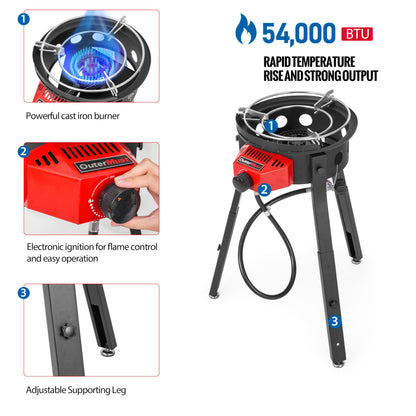 Outdoor Cooker with Iron Wok and Propane Burner, 54,000 BTU High-Pressure Gas Stove with Electronic Ignition & Adjustable Support Stand for Backyard BBQ, Tailgating, Outdoor Cooking