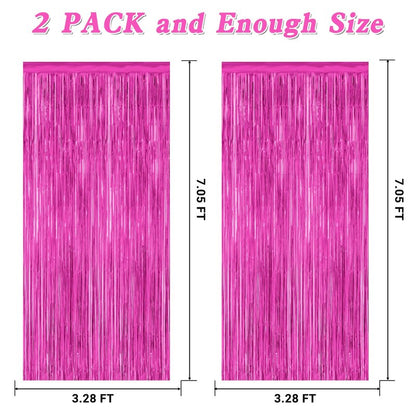 2 Pack Hot Pink Party Decorations, 3.28 FT x 7.05 FT Hot Pink Backdrop, Metallic Rose Red Photo Backdrop Foil Curtains Tinsel Backdrop, Metallic Pink Party Decor Wedding Party Supplies