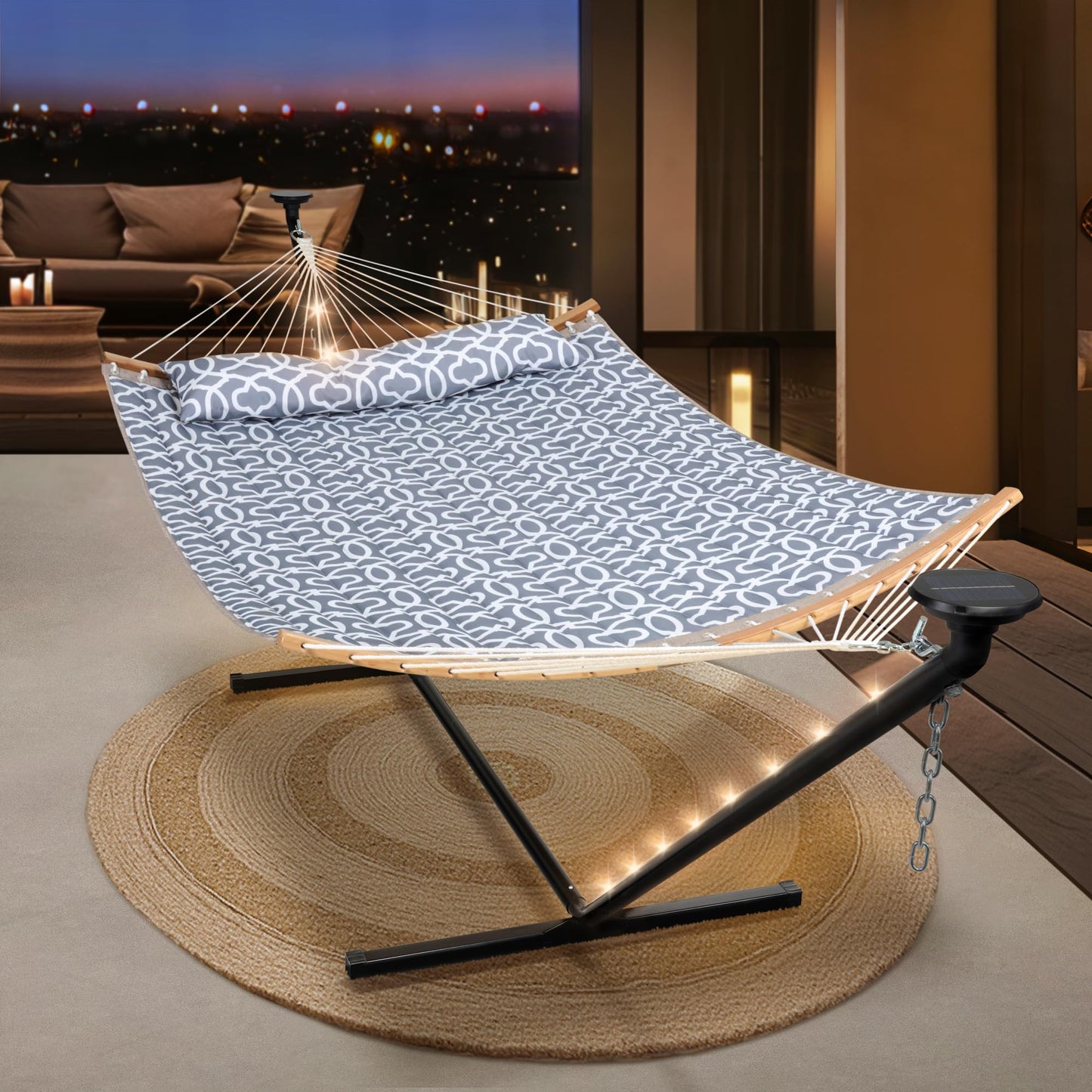 SUNCREAT Double Outdoor Hammock with 12 ft Stand, Solar Powered Lights, 2 Person Hammocks for Outside, Grey