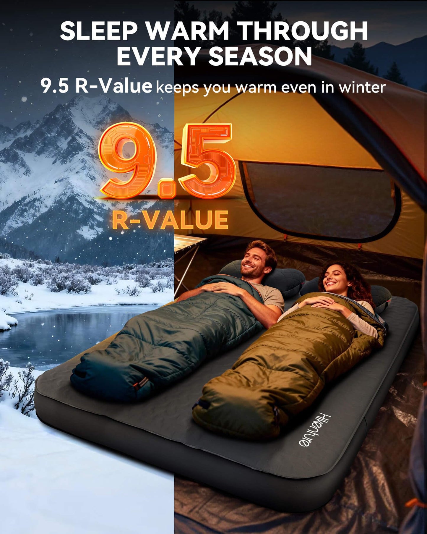 Hikenture 4" Thick Self Inflating Sleeping Pad with Electric Pump, Foam & Air Camping Mattress 2 Person, 9.5 R-Value Insulated Sleeping Mat, Portable Double Camping Pad for Tent, Car, Truck