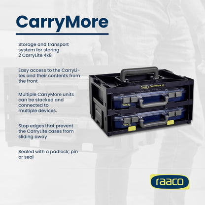 Raaco CarryMore 55 Storage System – Includes 2 CarryLite Slim 2.3 Inch Height Organizers (16 Inserts Each) – Stackable Modular Tool Storage Unit – Portable Hardware & Parts Organizer (2X CarryLite 55)