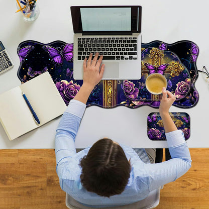RWUTYTIUL 3-Piece Ergonomic Desk Mat & Cloud Wrist Rest Set, Large 31.5" x 11.8" Wave Office Desk Pad with Memory Foam Support Non-Slip Computer Protector for Home, Gaming, Purple Butterfly Cross