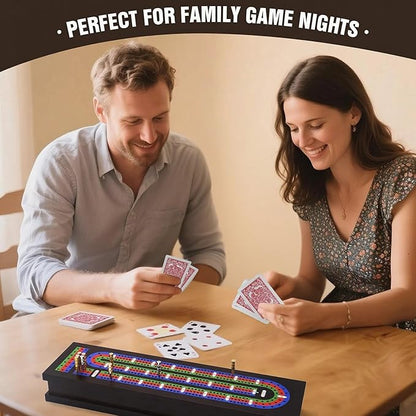 Wooden Cribbage Board Game Set with Metal Pegs and 2 Decks of Playing Cards Travel Cribbage Board with Card Storage Magnetic Lock Classic Continuous 3 Track Cribbage Set for Family
