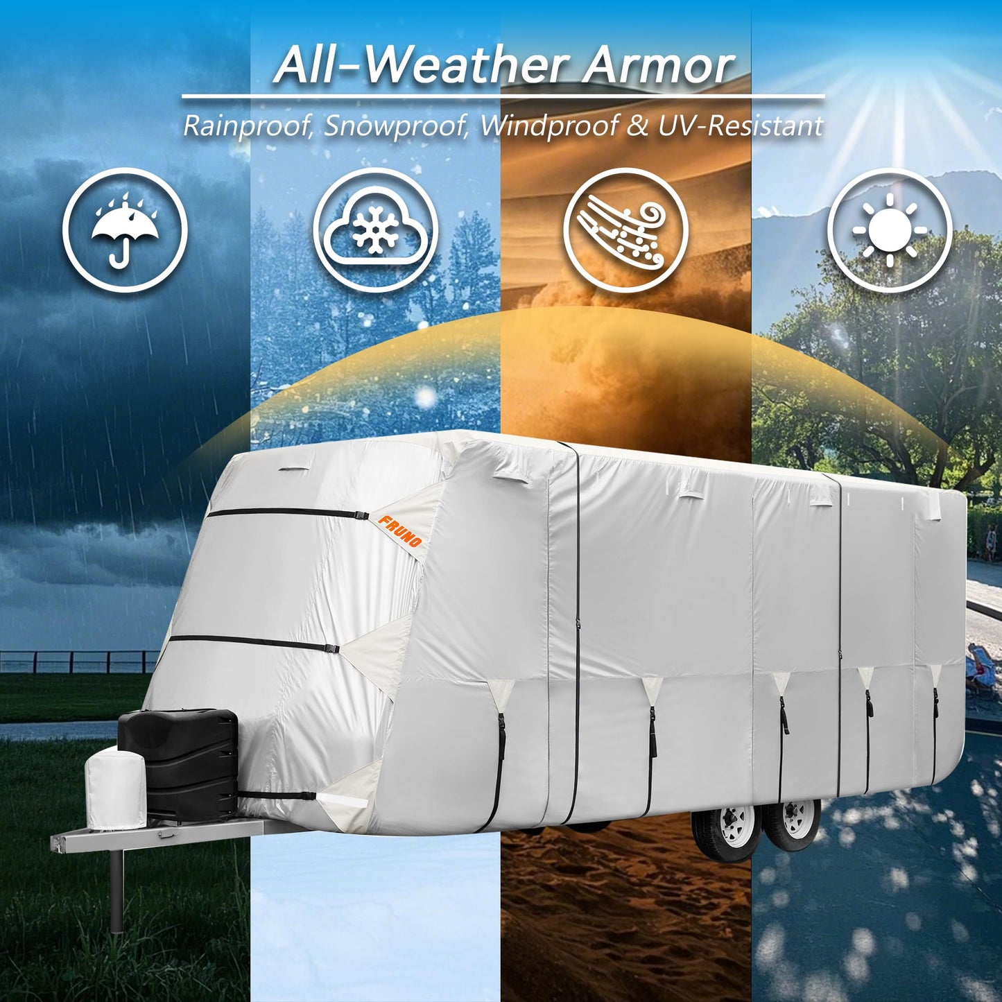 FRUNO Oxford Fabric Travel Trailer Cover RV Cover 22'-24' Waterproof Rip-Resistant Anti-UV Camper Cover for Winter Snow with Jack Cover 4 Tire Covers and Gutter Covers
