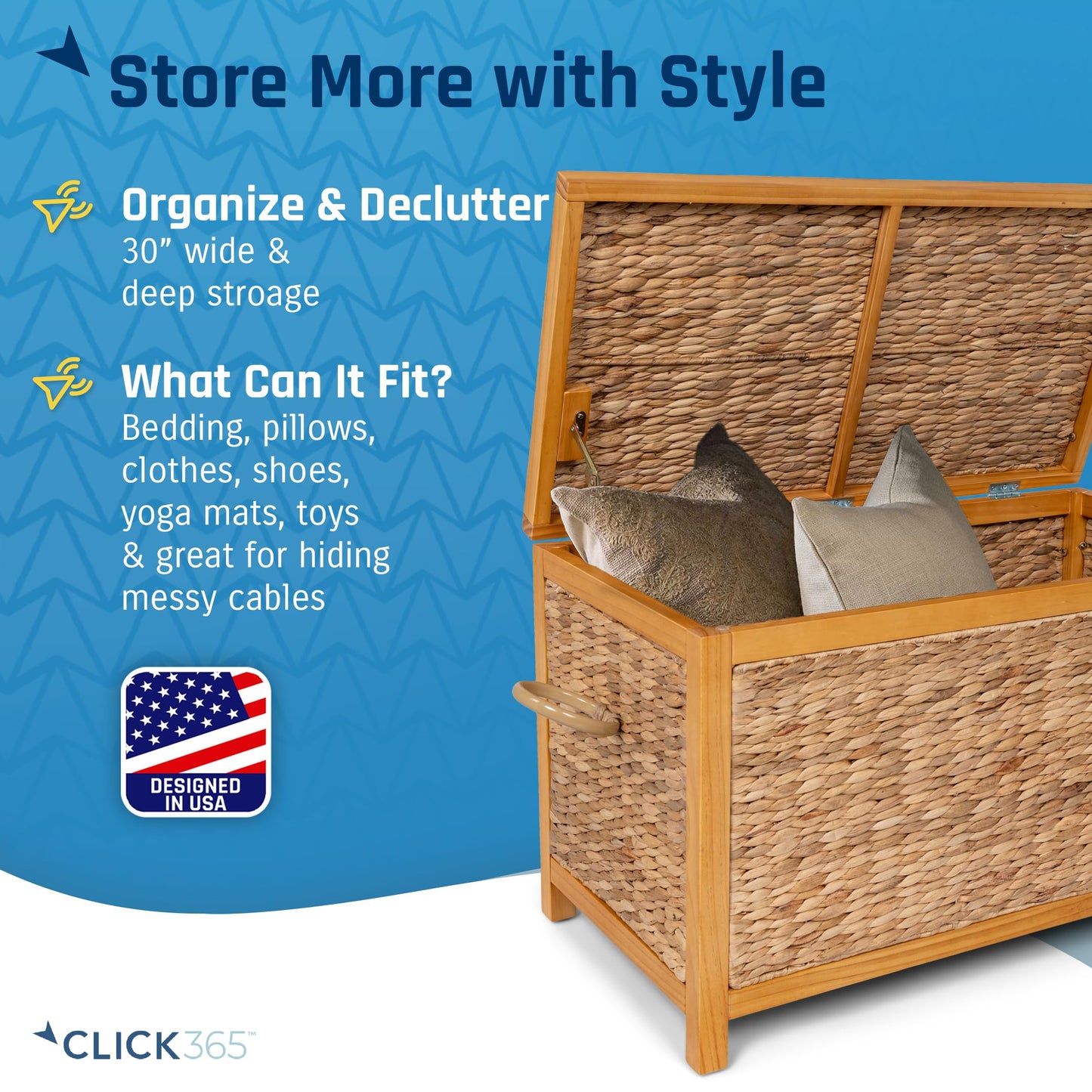 ClickDecor Wilson Wicker Storage Trunk with Lid, 30 Inch Handwoven Water Hyacinth Storage Chest with Acacia Wood Frame, Farmhouse Blanket Basket for Living Room, Bedroom or Entryway, Natural Brown