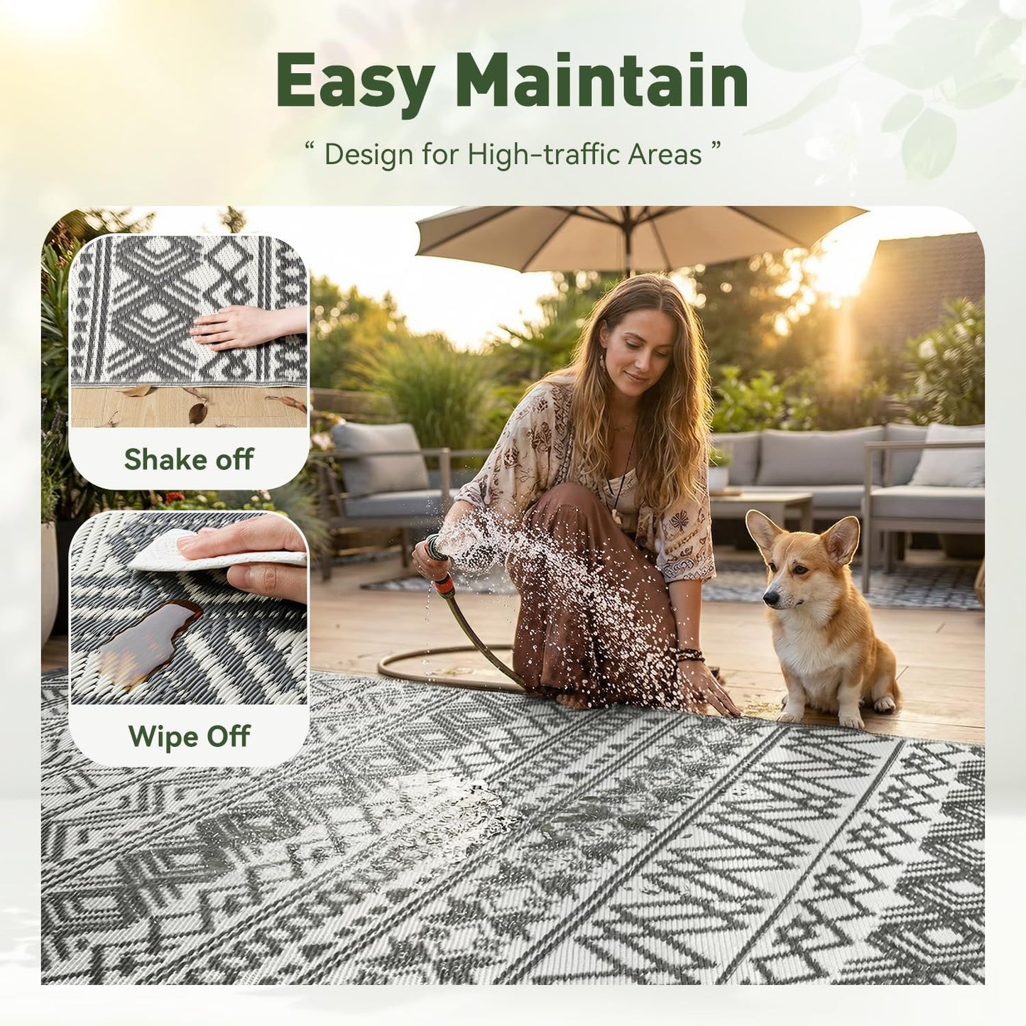 MontVoo Outdoor Rug Carpet Waterproof 10x14 Outdoor Patio Rug Mat Reverisble Plastic Straw Outdoor Rugs for RV Camping Picnic Beach Balcony Boho Grey Large