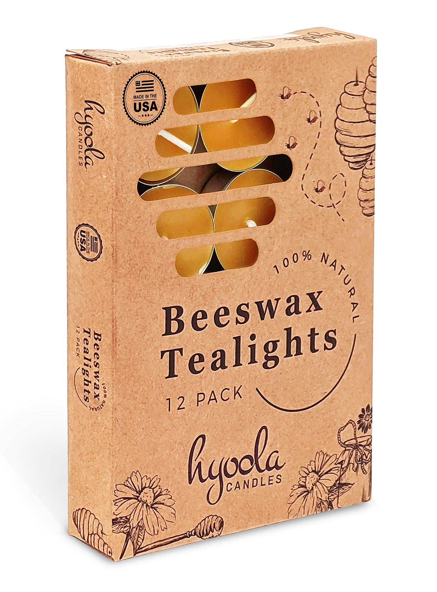 HYOOLA Beeswax Tealight Candles in Aluminum Cup - 12 Pack - 100% Pure Natural Beeswax Candles