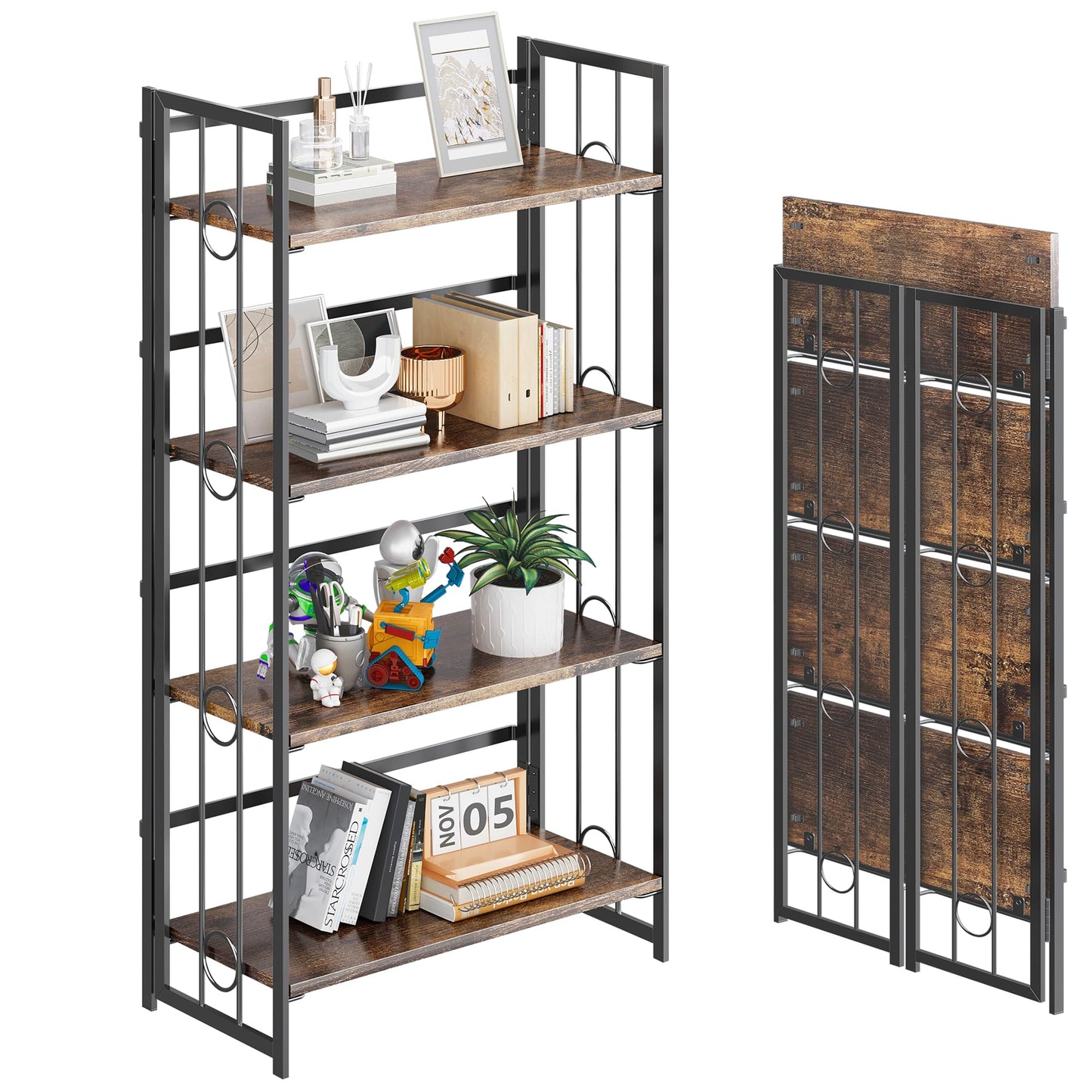 4NM No Assembly 4 Tiers Folding Bookshelf, 47.2" H Foldable Storage Shelves Vintage Bookcase Standing Racks Study Organizer Home Office - Rustic Brown Black