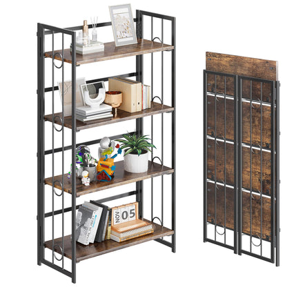 4NM No Assembly 4 Tiers Folding Bookshelf, 47.2" H Foldable Storage Shelves Vintage Bookcase Standing Racks Study Organizer Home Office - Rustic Brown Black