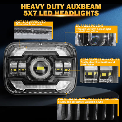 Auxbeam 12000LM Bright 5x7 In Headlights, 7x6 Led Headlights with DRL Turn Signal High Low Beam, Compatible with Jeep Cherokee XJ Wrangler YJ Ford Chevrolet, H6054 H5054 Headlights DOT Approved, Black