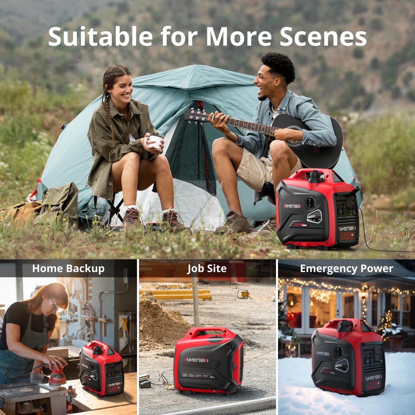 AMERISUN 2500-Watt Gas Powered Portable Inverter Generator, CO Sensor, Super Quiet for Home Backup, Emergency, Camping, EPA Compliant
