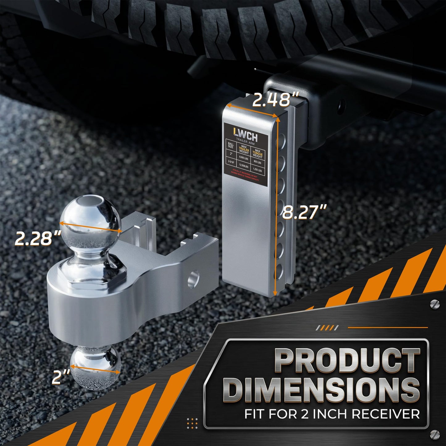 LWCH Adjustable Trailer Hitch, Fit 2 Inch Receiver, 12,500 LBS GTW, Heavy Duty Aluminium Drop Hitch with 2" & 2-5/16" Chrome Plated Steel Ball Mounts for Trucks, 6 Inch Drop/Rise, 2 Anti-Theft Pins