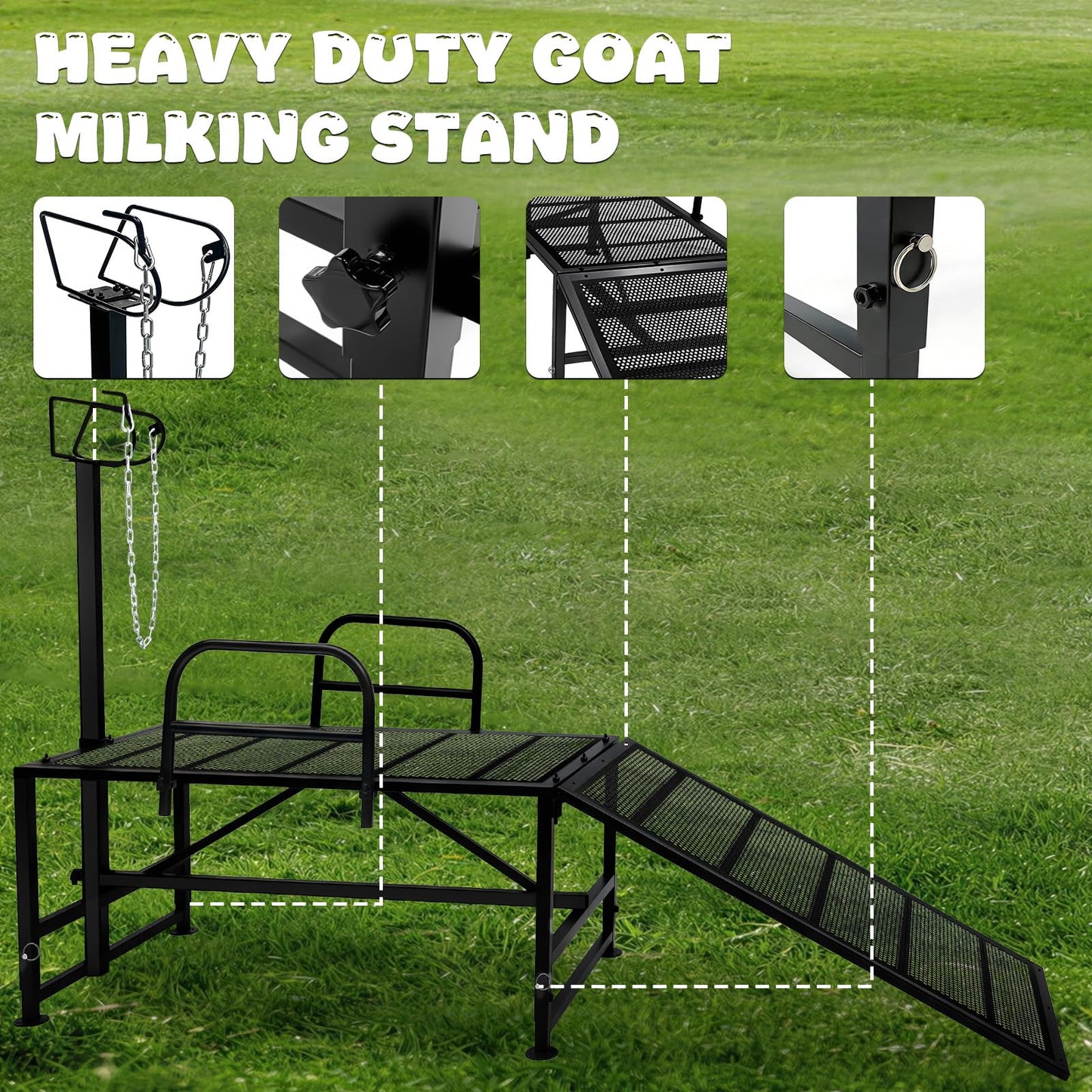 47"L Heavy Duty Goat Milking Stand with Detachable Ramp, 700lbs Capacity Sheep Trimming Station, Professional Livestock Grooming Platform with 4-Level Adjustable Headlock for Hoof Care