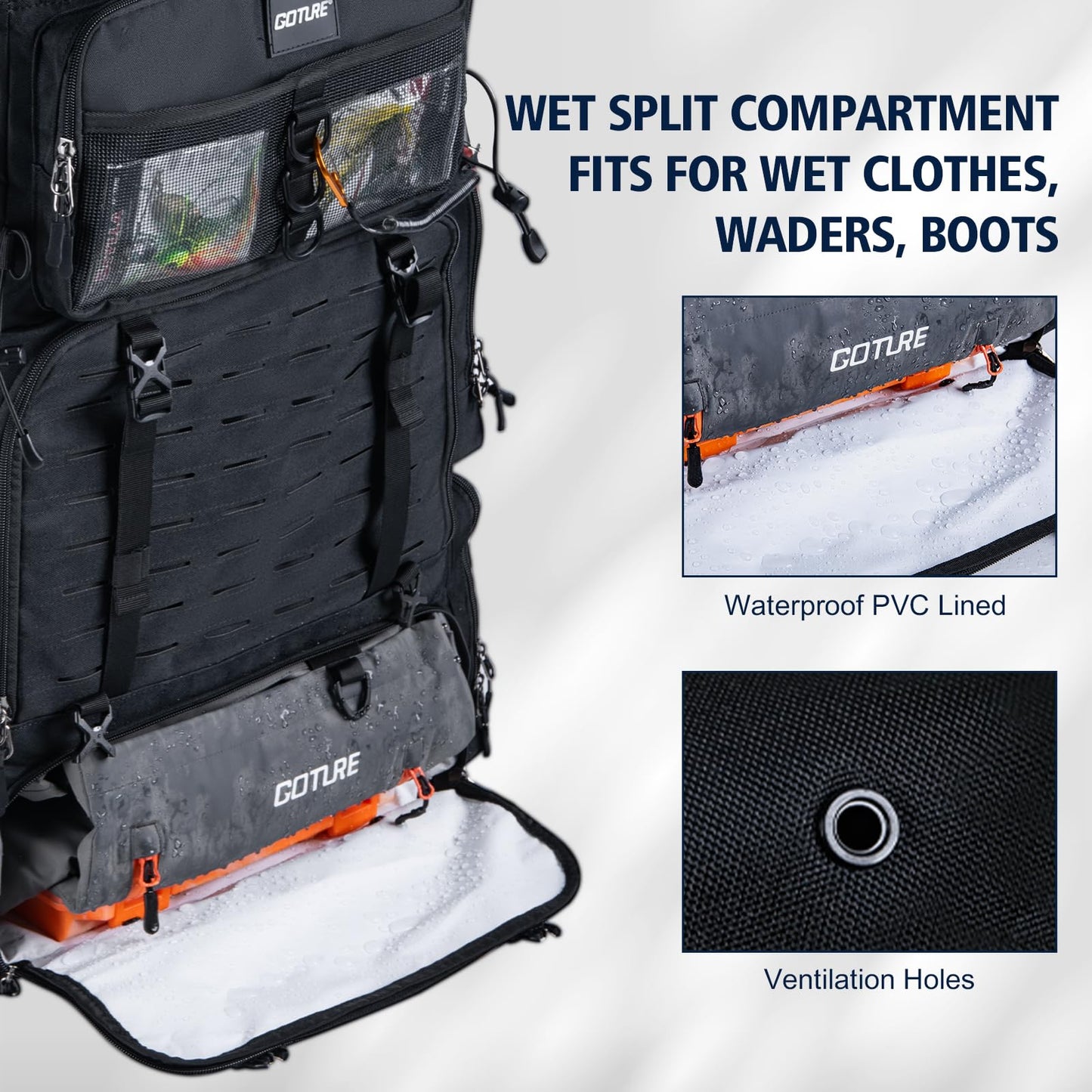 Goture Fishing Backpack with Cooler,72L Large 600D Tackle Backpack with Rod Holders,Dry & Wet Split Compartment,Adjustable Main Compartment,Rain Cover,Insulated Tactical Bag for Travel Camping Hiking