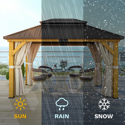 DWVO 11X13FT Gazebo Wood Outdoor Wooden Frame Double Roof Hardtop Galvanized Steel Top Canopy w/Curtain and Netting, Patio Heavy Duty for Deck, Backyard