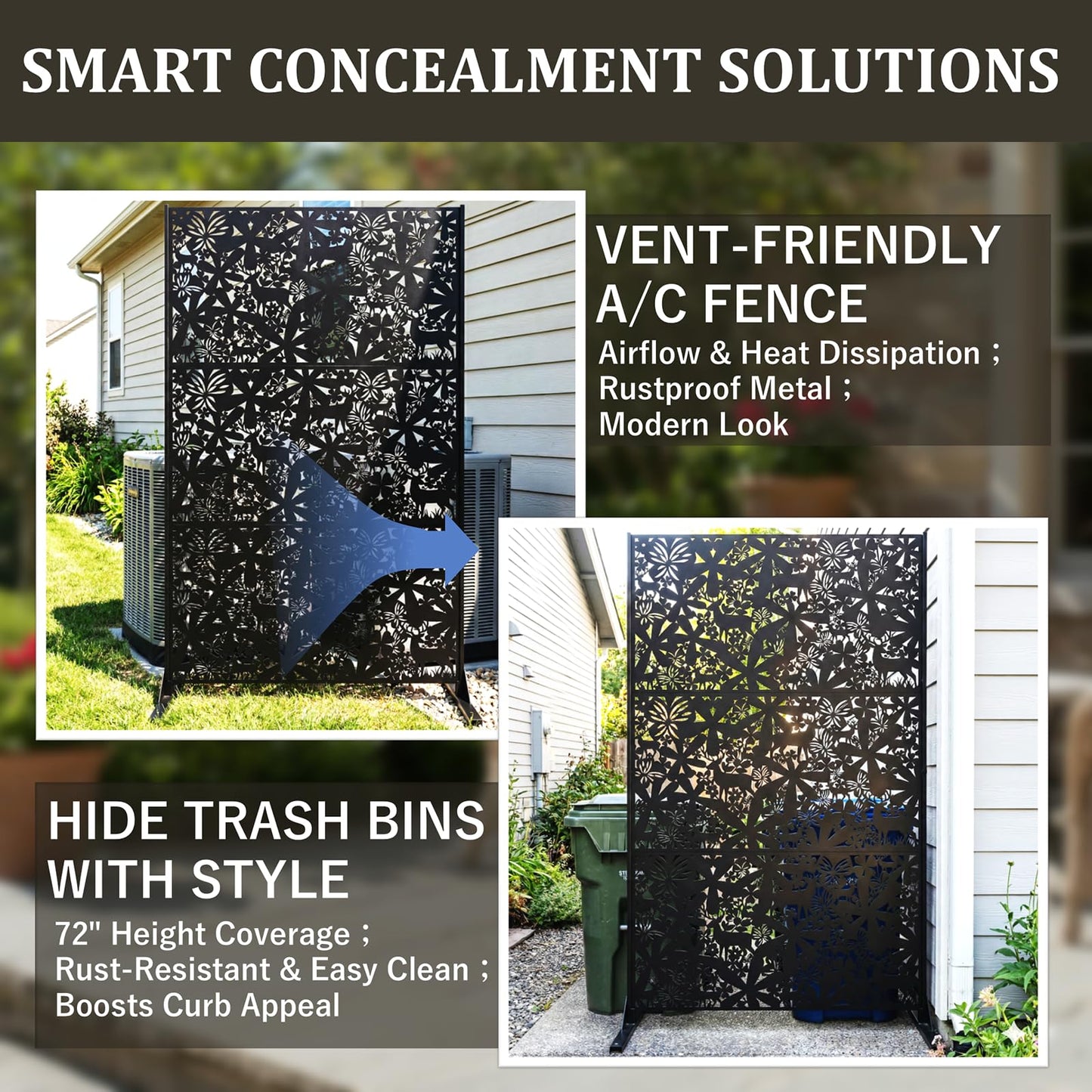 Metal Privacy Screen Outdoor 6FT – Freestanding Laser Cut Steel Garden Divider Panel with Stand, Decorative Modern Privacy Screen for Patio, Deck, Backyard & Balcony, Rustproof & Weather-Resistant