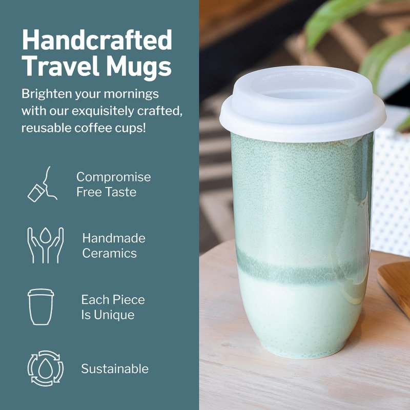 NOVA CERAMICS Coffee Travel Mug – Reusable Coffee – Microwave & Dishwasher Safe Coffee Green Tumbler - Gifts For Women Men Him Her – 16oz – Emerald