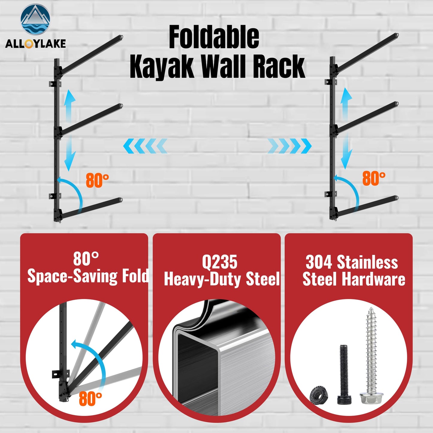 AlloyLake 3-Tier Foldable Kayak Wall Rack, 360LBS Heavy Duty Kayak Storage Rack for Garage, Rustproof 304 Stainless Steel Kayak Hanger for Indoor Outdoor, Wall Mount for SUPs, Canoes, Surfboards