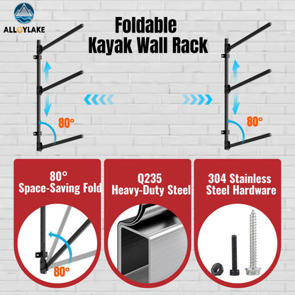 AlloyLake 3-Tier Foldable Kayak Wall Rack, 360LBS Heavy Duty Kayak Storage Rack for Garage, Rustproof 304 Stainless Steel Kayak Hanger for Indoor Outdoor, Wall Mount for SUPs, Canoes, Surfboards