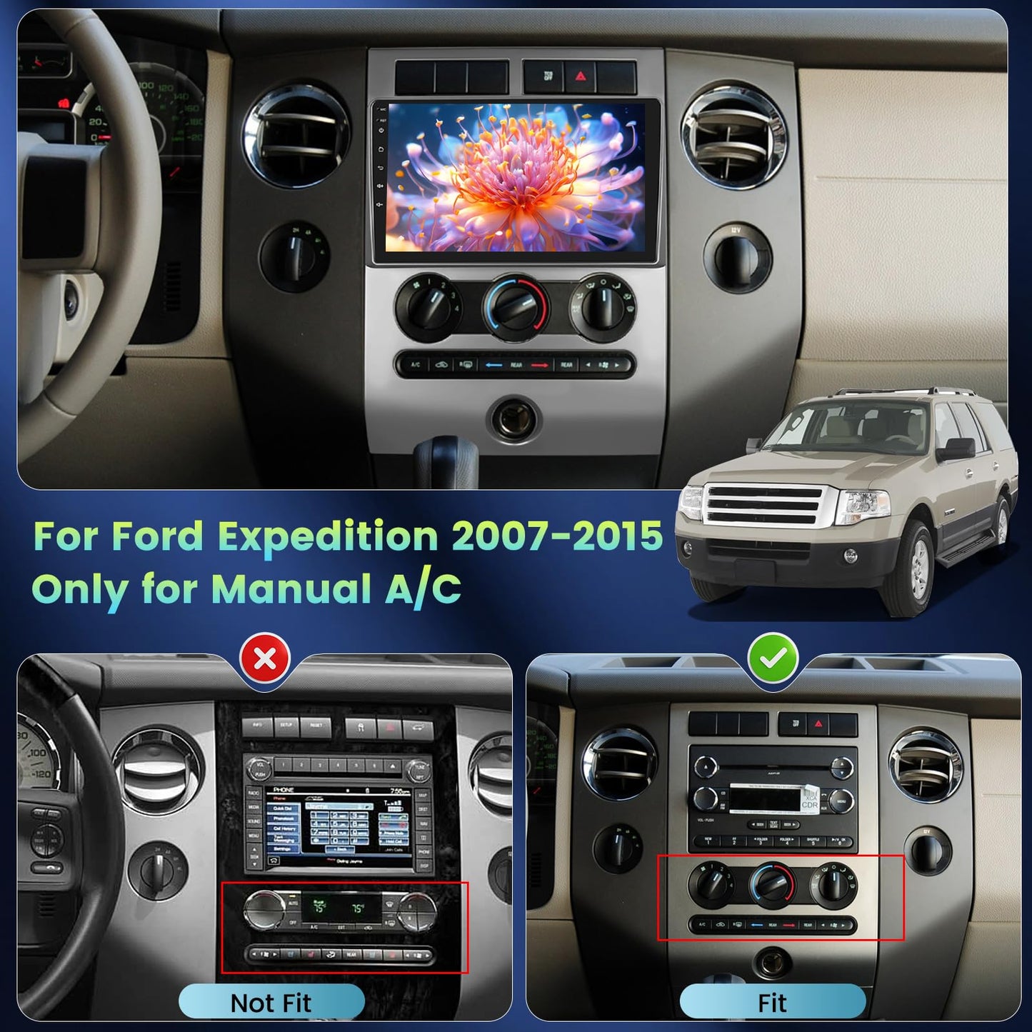 [2+64G] Android Radio for Ford Expedition 2007-2015 (Only for Manual A/C) - 9 inch HD Touchscreen Car Stereo - Wireless Carplay and Android Auto, HiFi, WiFi, GPS, SWC + Canbus + AHD Backup Camera
