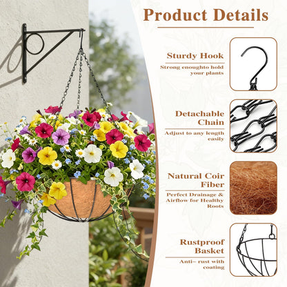 4 Pack Hanging Planter for Outdoor Plants 14 inch Metal Hanging Flower Basket with Coco Coir Liner Round Wire Plant Holder Chain Flower Pots Outdoor Garden Decoration Watering Hanging Baskets(XG)
